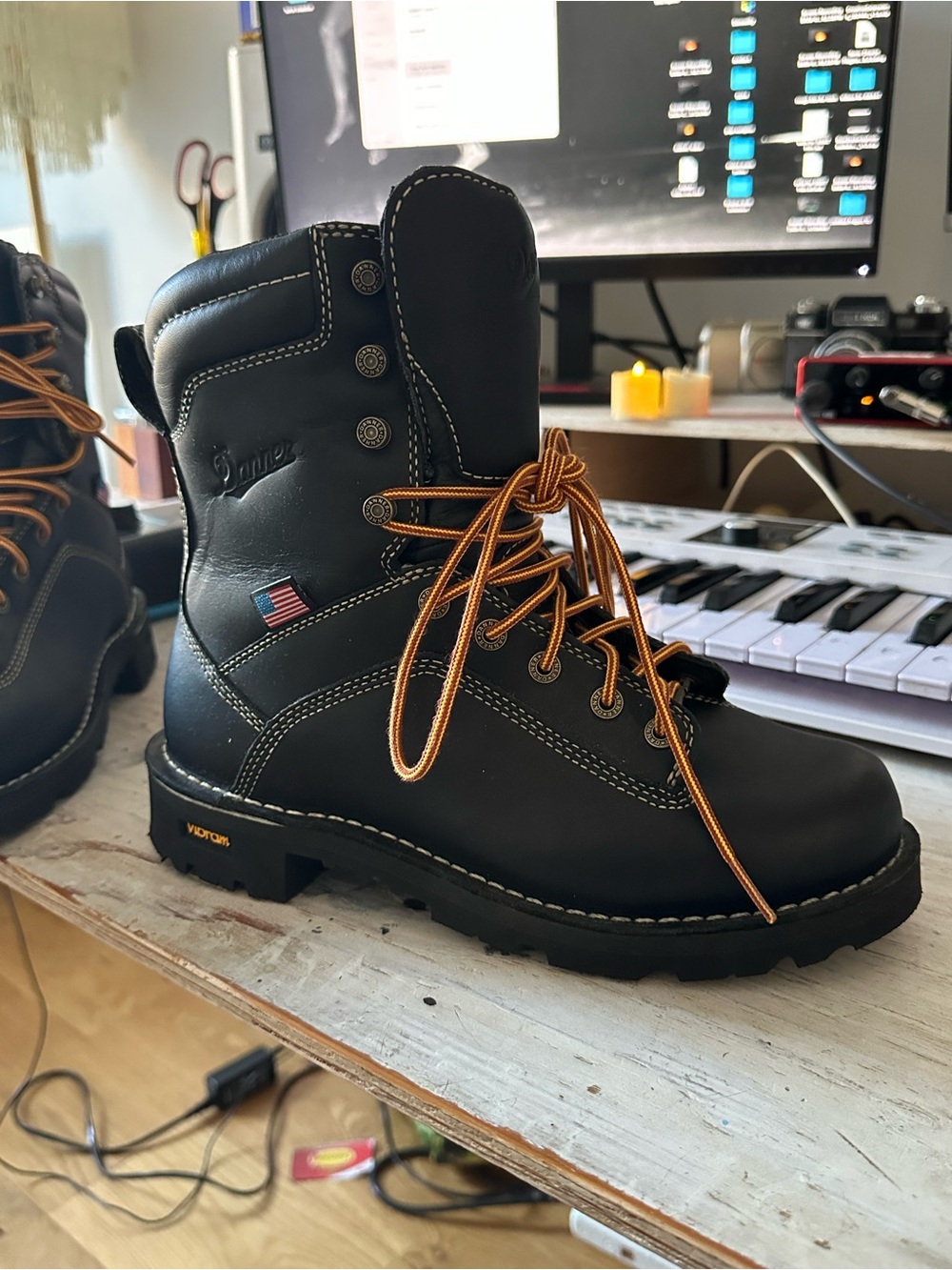 Danner Black Work Boot with Tan Laces and American Flag Accent